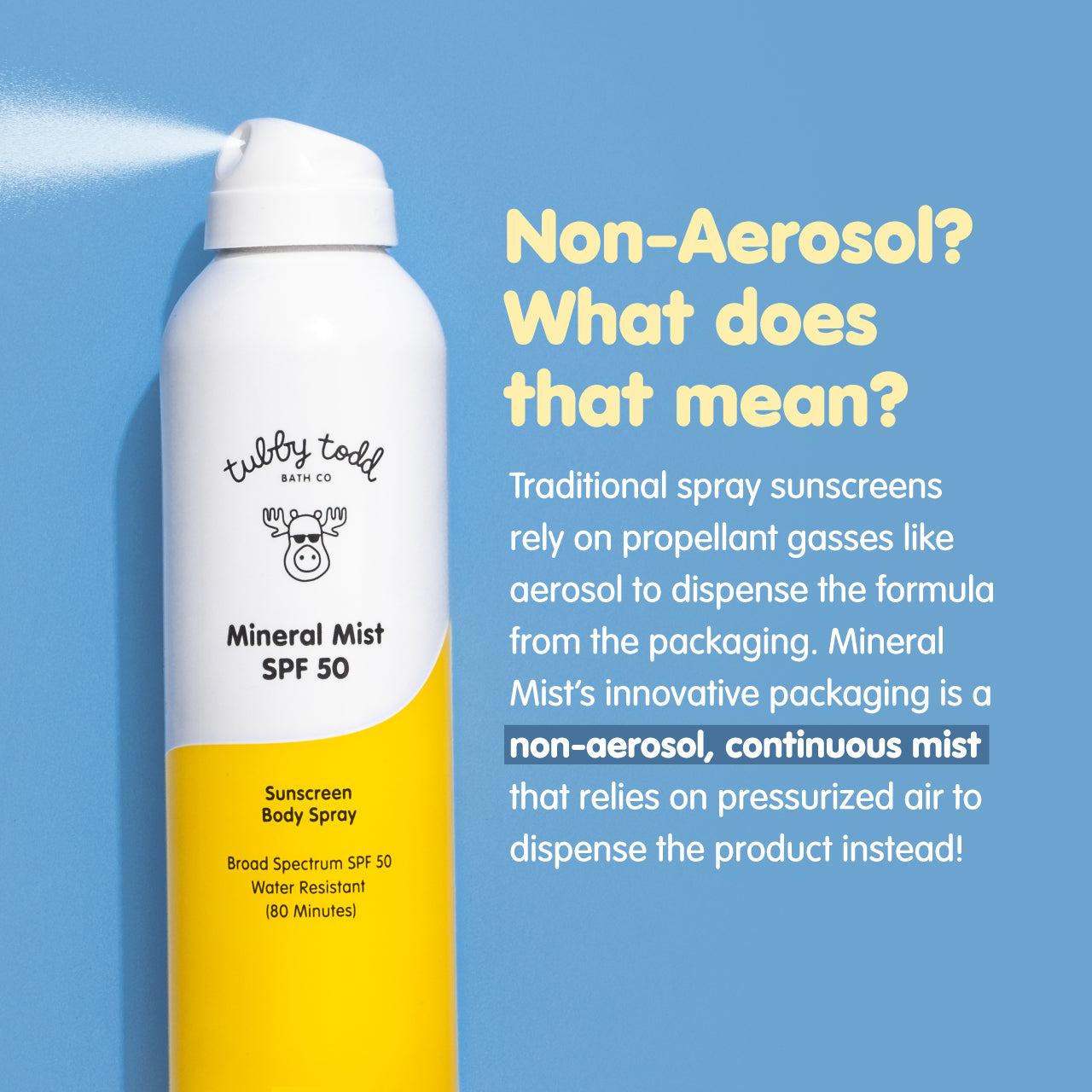 Tubby Todd Mineral Mist SPF 50 sunscreen spray bottle with text explaining non-aerosol technology on a blue background.